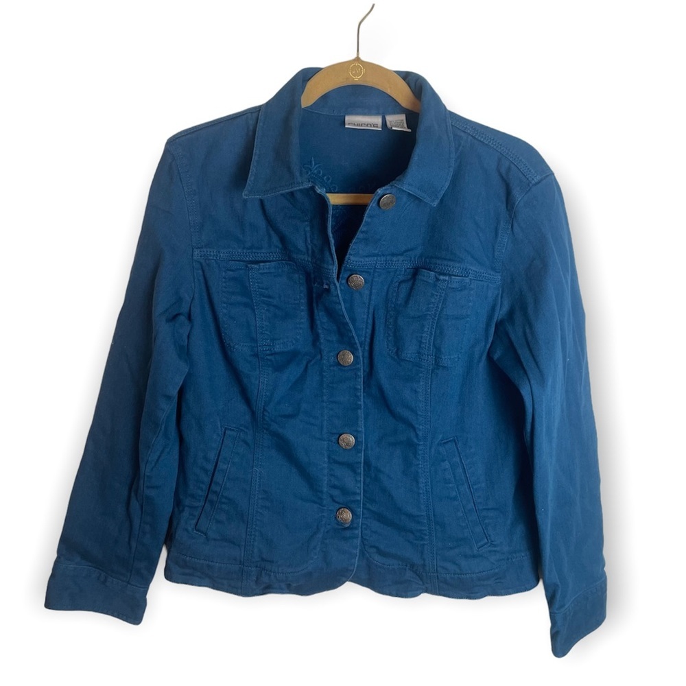Chico’s Aqua Blue Embroidered Denim Jacket Size 1